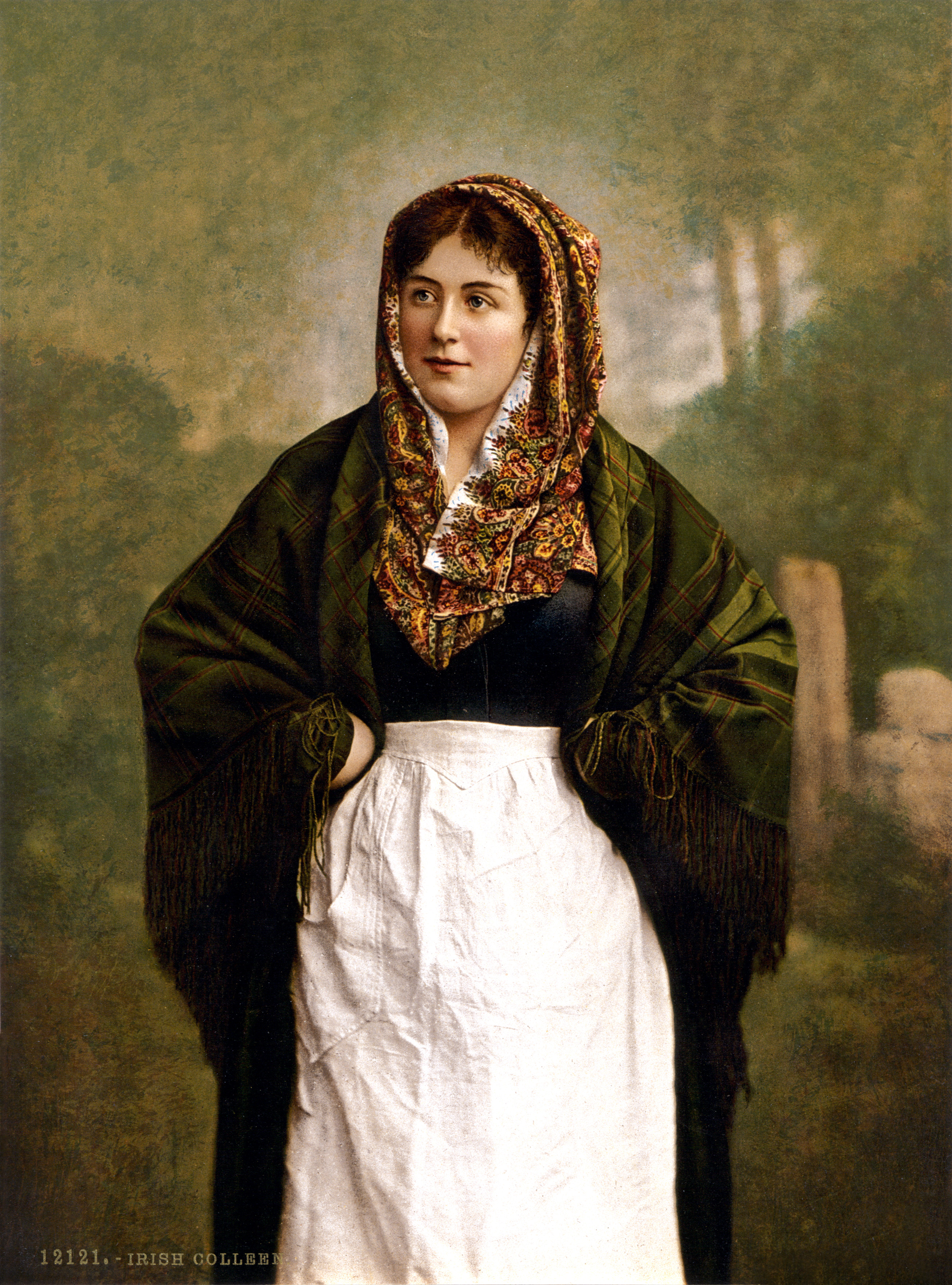 Irish_colleen_with_green_plaid_shawl,_1890s